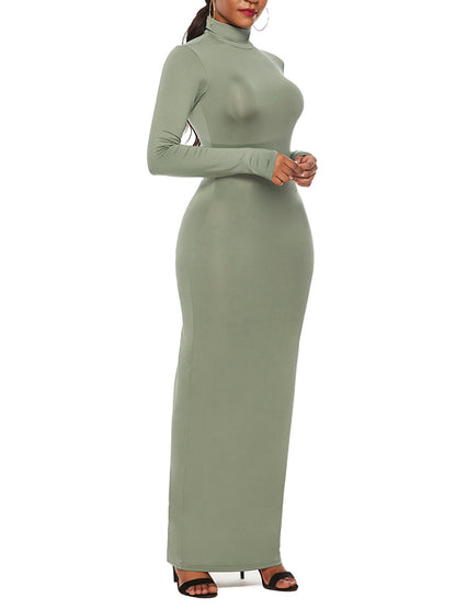 Bodycon Long Sleeves Color High Neck Maxi Dresses