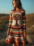 Retro Flower Tree Of Life Crochet Art Midi Sweater Dress elevenforest
