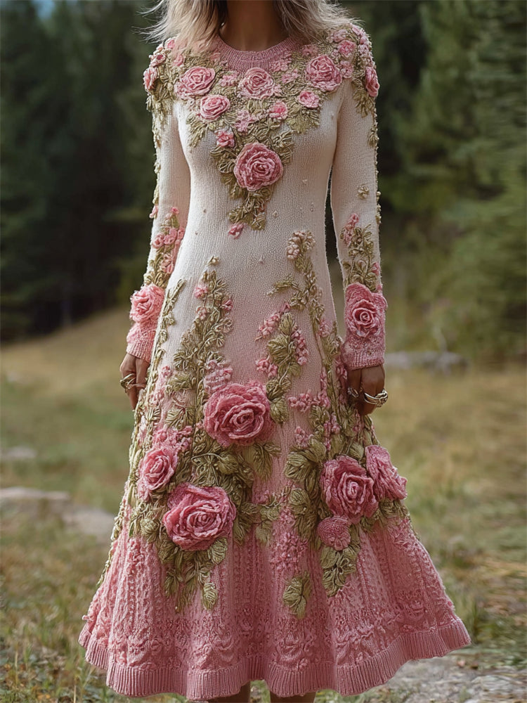 Vintage Pink Floral Gradient Cozy Knit Maxi Sweater Dress elevenforest