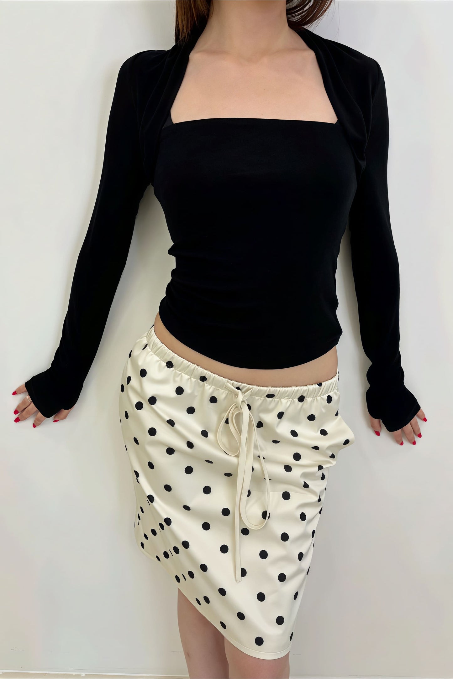 Satin Polka Dot Drawstring Midi Skirt