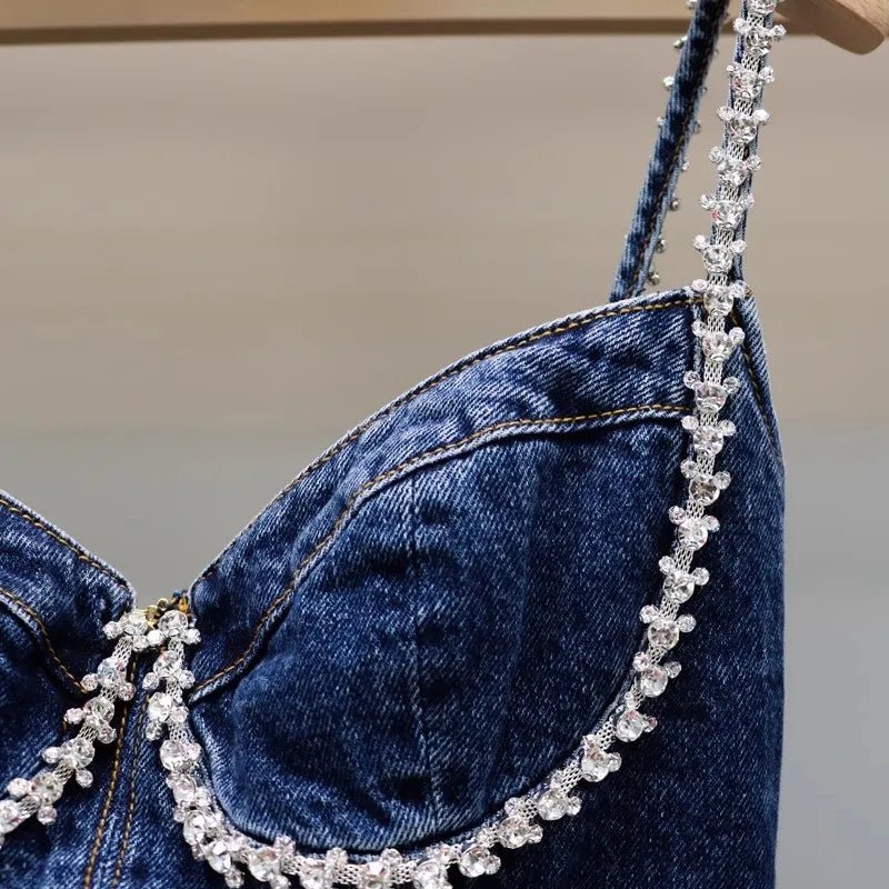 Diamond Denim Mini Dress With Sweetheart Neck & Spaghetti Straps