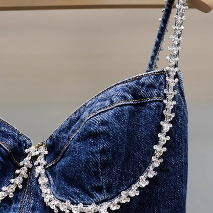 Diamond Denim Mini Dress With Sweetheart Neck & Spaghetti Straps