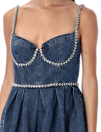 Diamond Denim Mini Dress With Sweetheart Neck & Spaghetti Straps