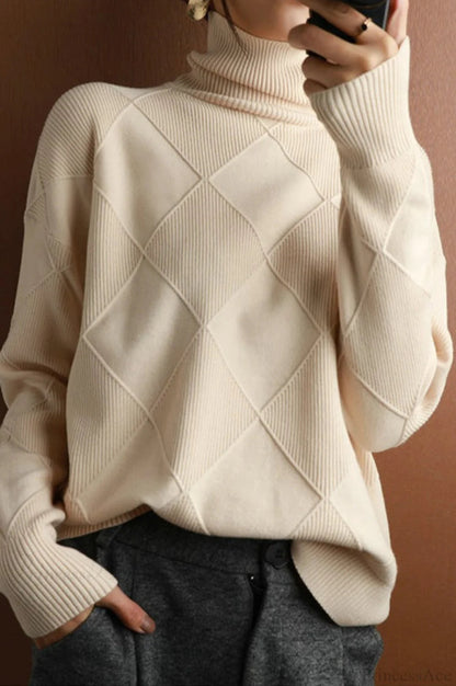 Diamond Pattern Turtleneck Loose Long-sleeve Sweater