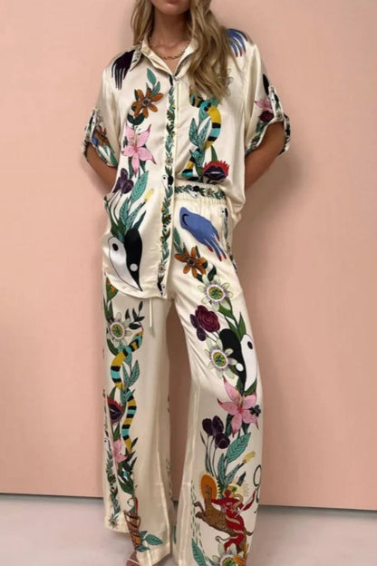 Natureza Printed Satin Shirt & Pants Set