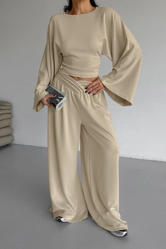 Cinched Waist Flared Sleeve Top Palazzo Pants Set