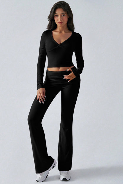 V Neck Flared Stretch Two Piece Pants Set