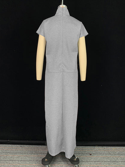 Loose Short Sleeves Color Split-joint High Neck Maxi Dresses