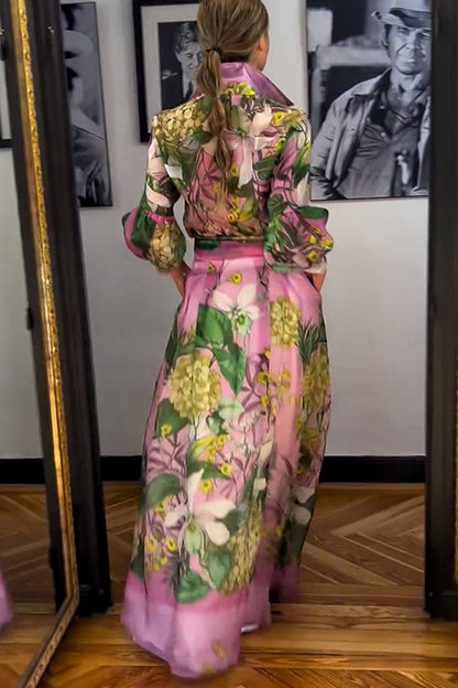 Seeds of Happiness Tulle Print Balloon Sleeve Belt Blouse