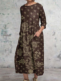 Women's Vintage Floral Art Pattern Round Neck Cotton and Linen Dress with Pockets