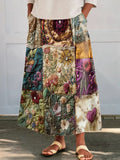 Women's Vintage Patchwork Floral Print Cotton and Linen Pocket Skirt