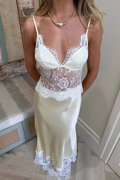 Deep V Sheer Lace Patchwork Maxi Dress