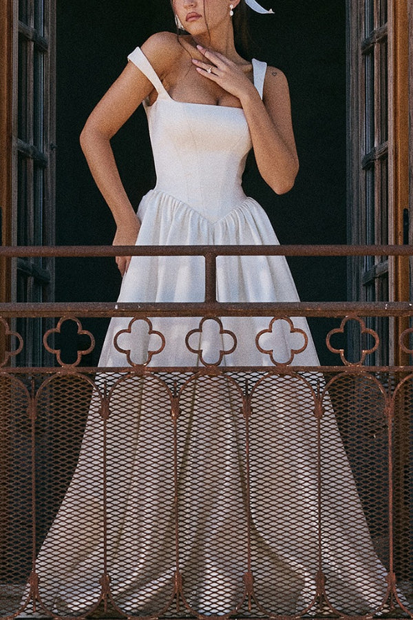 Wide Straps Corset Color Gowns Maxi Dresses-white