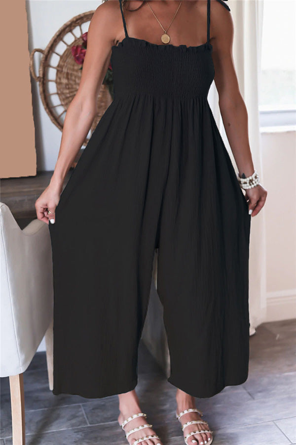 Color High Waist Linen Blend Suspender Pleated Jumpsuit