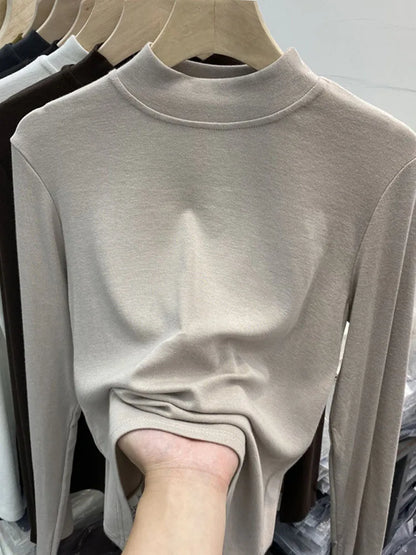 Basic Pure Cotton White T-shirt for Slim Top ’s Half Turtleneck Long Sleeve T-shirts