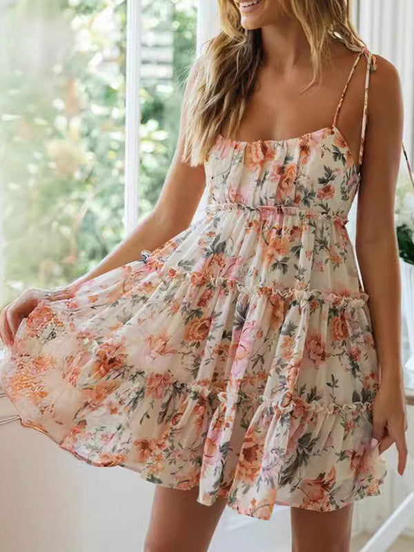 A-line Loose Flower Print Layered Pleated Split-joint Tied Spaghetti-neck Mini Dresses