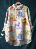 Vintage Lovely Dogs Art Print Casual Cotton And Linen Shirt