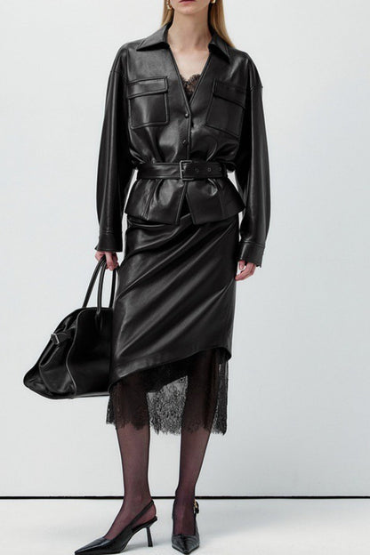 Lace Trim Leather Skirt