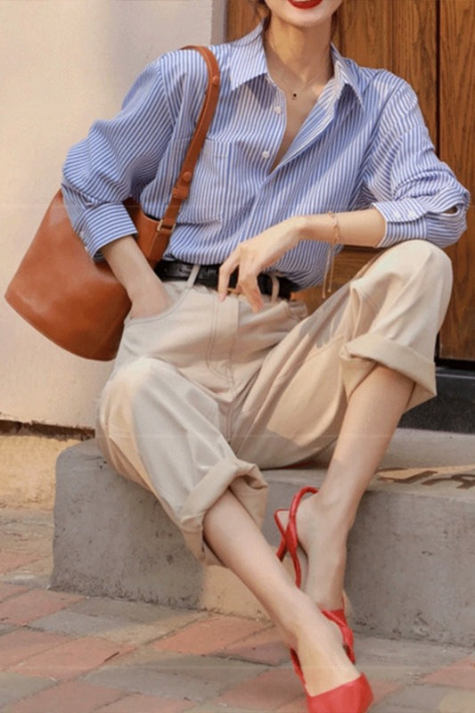 Blue Stripe Long Sleeve Blouse