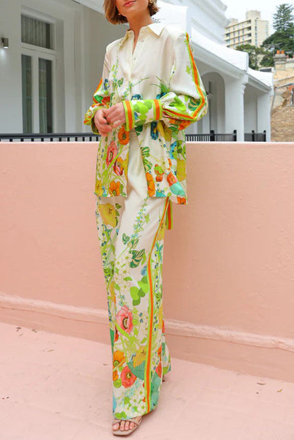 Antibes Satin Print Back Tie-up Button Down Oversized Blouse