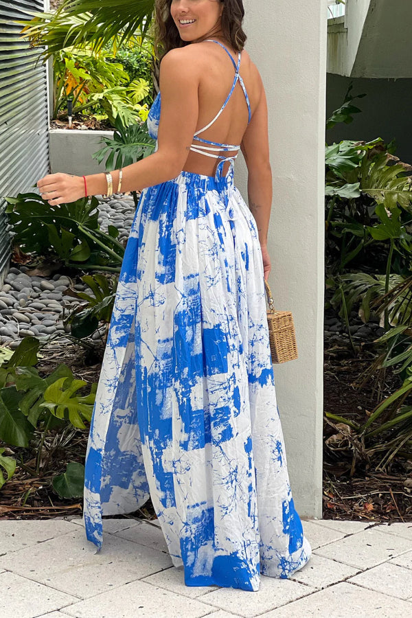 White and Blue Printed Maxi Dress With Cut Outs