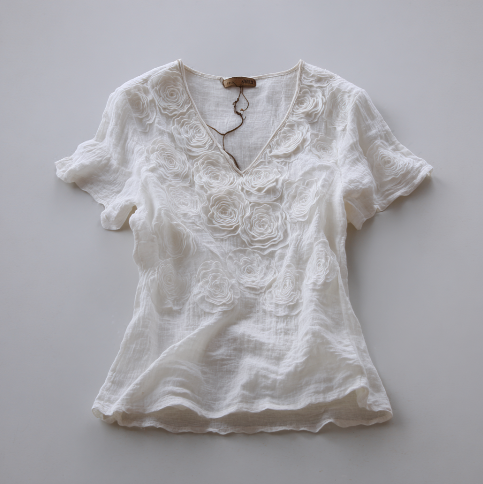Bohemian Style Woman's V-neck White Rose Short-sleeved Shirt elevenforest