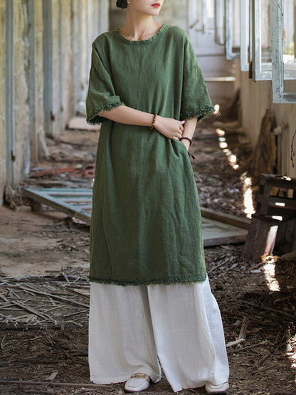 Half Sleeves High-low Fringed Color Split-joint Split-side Round-neck Midi Dresses