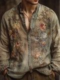 Men's Vintage Boho Floral Embroidered Dyed Linen Shirt elevenforest