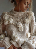 Classy White Roses Pearls Beaded Turtleneck Cozy Knit Sweater artswardrobe