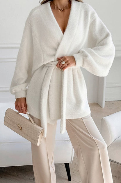 White Fuzzy Tie Waist Mid-length Relaxed Cardigan
