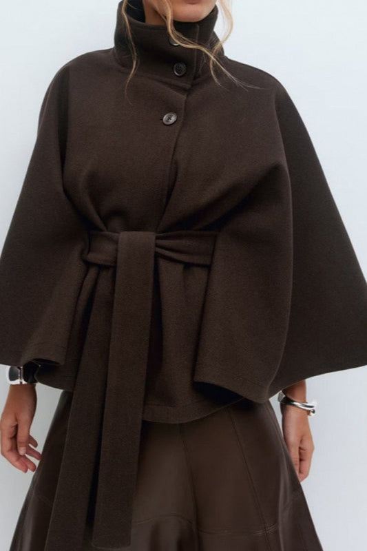 Cape Stand Collar Buttoned Waist-tied Trench Coat