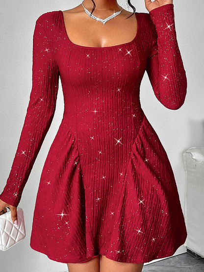 A-line Long Sleeves Backless Pleated Shiny Color U-neck Mini Dresses