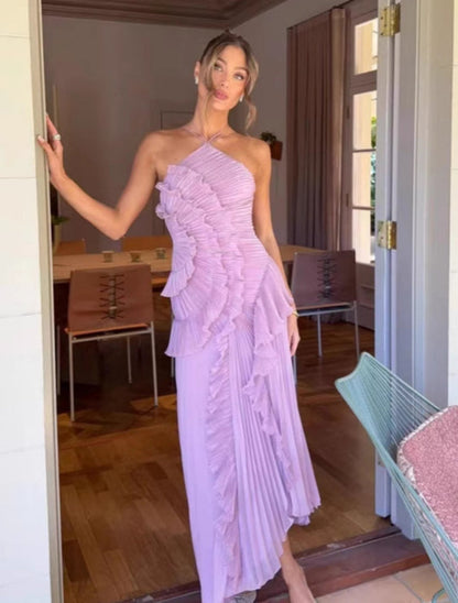 Halter Neck Pleated Maxi Dress _ High-quality Purple Vacation Dress