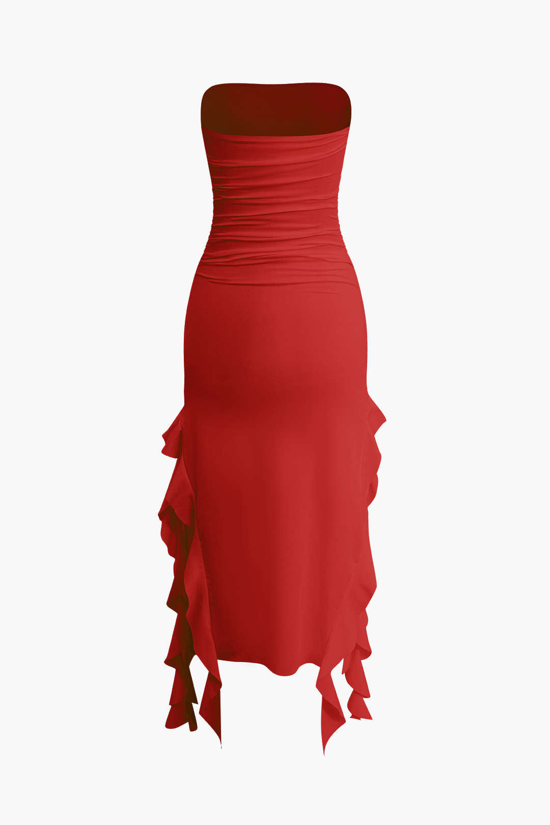 Color French Ruffle Hem Ruched Tube Maxi Dress