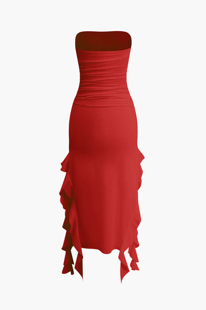 Color French Ruffle Hem Ruched Tube Maxi Dress