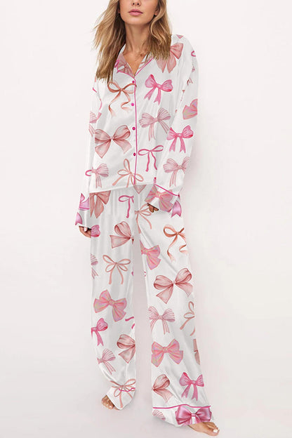 Stylish Bow-print Long-sleeved Shirt and Elastic-waisted Wide-leg Pants Set