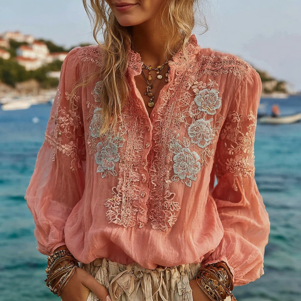 Women's Pink Rose Embroidered Casual Button-down Shirt elevenforest