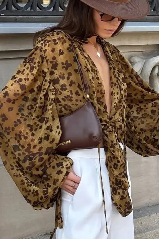 Y2k Leopard Front Tie Blouse