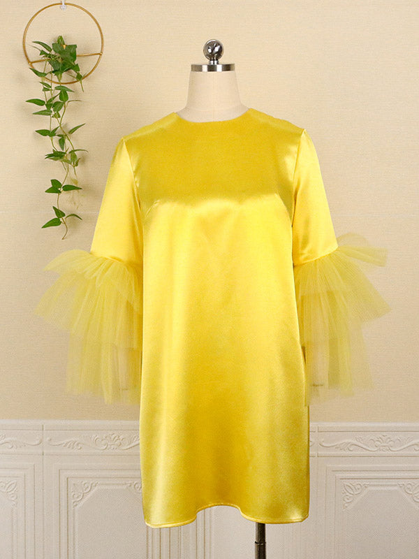 Half Sleeves Loose Shiny Color Split-joint Tulle Round-neck Mini Dresses