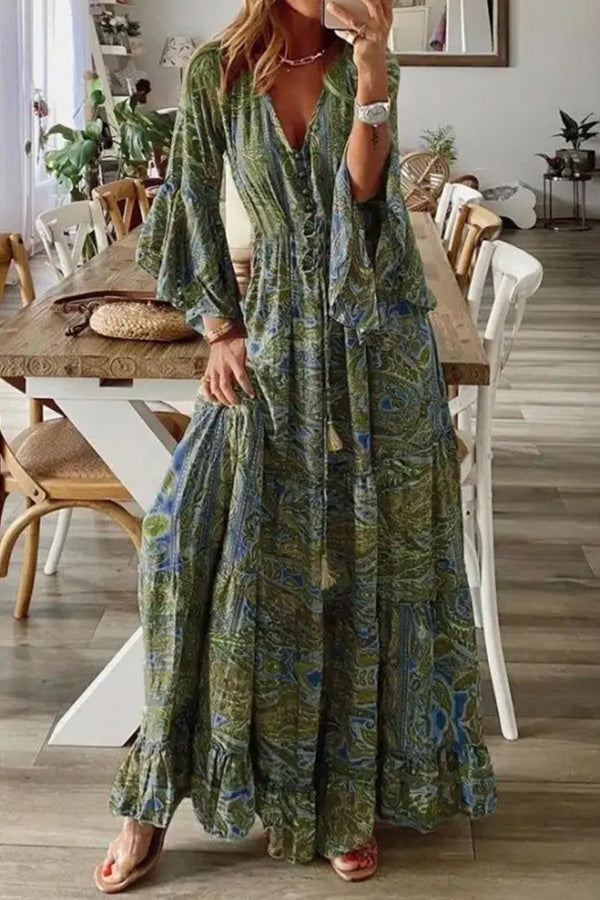 V-neck Loose Peris Print Vacation Long Sleeve Maxi Dress