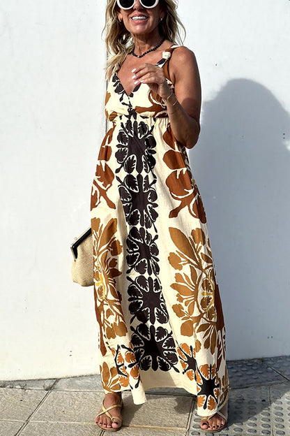 Jalen Linen Blend Print Knotted Strap Elastic Waist Midi Dress