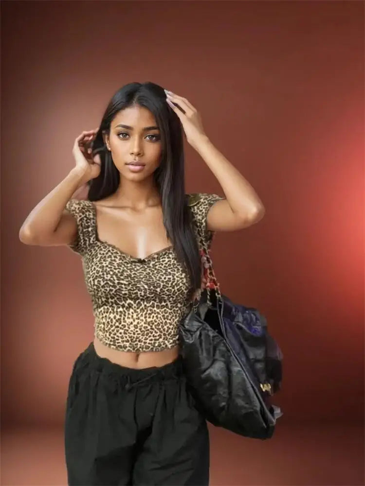 Leopard T-shirts Square Collar Slim Fit Tops Short Sleeve Crop Top Hot Summer Ins New Y2k