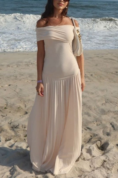 Off-shoulder Slim Fit Pleated Maxi Dress
