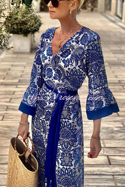 Greek Island Satin Unique Print Tassel Belted Wrap Maxi Dress