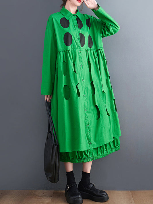 Stylish Long Sleeves A-line Polka Dot Polo Shirt Midi Dresses