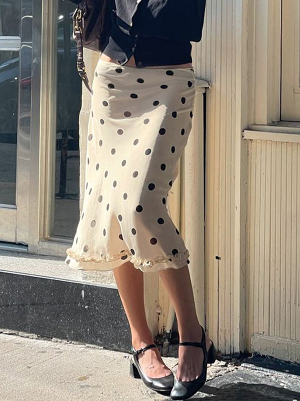 Apricot Polka Dot Fungus Edge Maxi Skirts