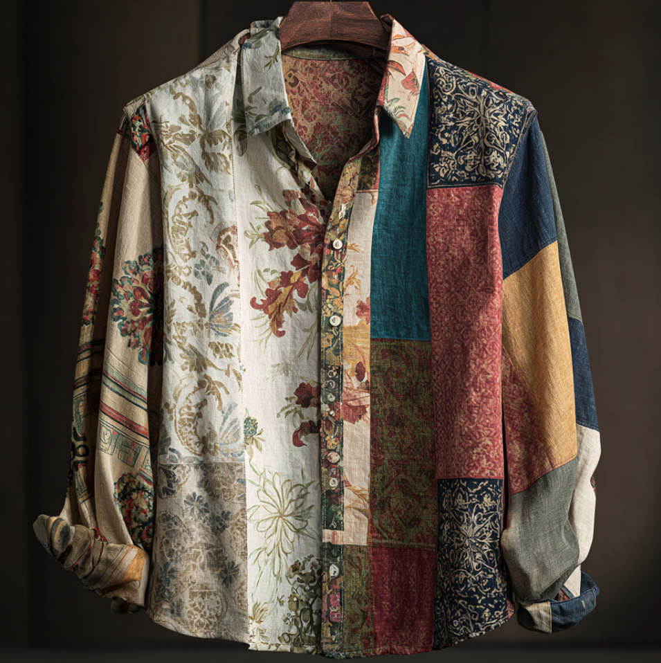 Western Style Bohemian Plant Flower Pattern Color Block Patchwork Retro Cotton And Linen Men's Shirt elevenforest