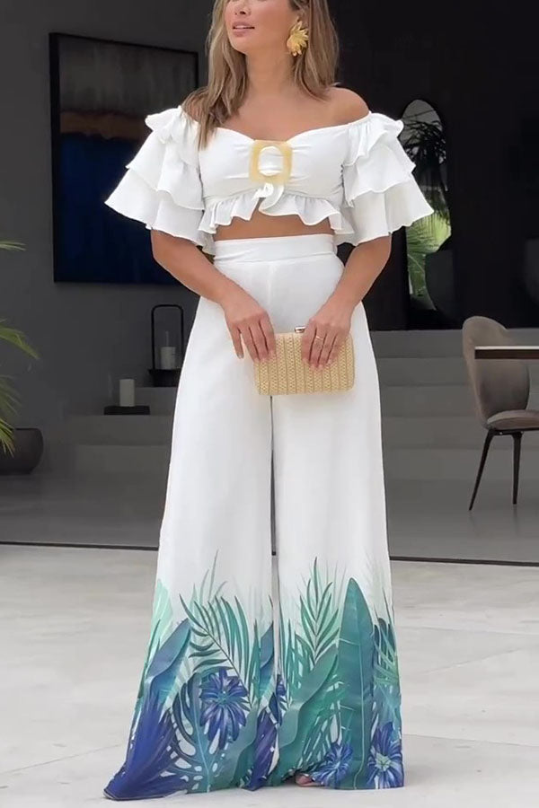 Off Shoulder Top and High Waisted Wide Leg Printed Pants Suit