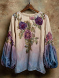 Boho Romantic Floral Embroidery Gradient Women's Linen Loose Shirt elevenforest