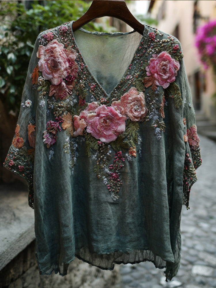Bohemian Style Three-dimensional Floral Vintage Cotton And Linen Movie Green V-neck Short-sleeved Shirt elevenforest